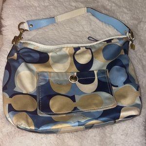 Coach signature blue scarf print hobos, blue and tan